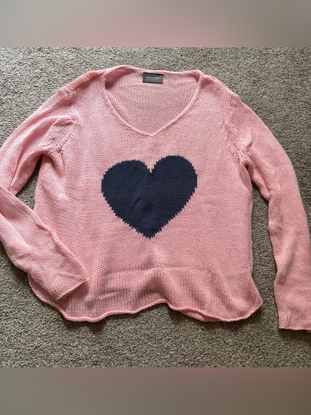 Wooden Ships Pink V-Neck Sweater with Navy Heart